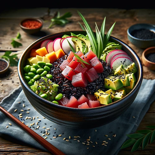 DALL·E-2024-02-18-18.30.16-A-Poke-Bowl-with-Black-Rice-presented-in-a-deep-dark-ceramic-bowl-creating-a-striking-visual-contrast-with-the-colorful-ingredients-set-on-a-raw-woo